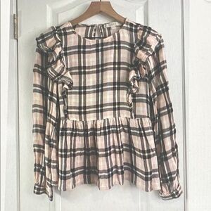 LOFT Pink Plaid Ruffle Peplum Tunic